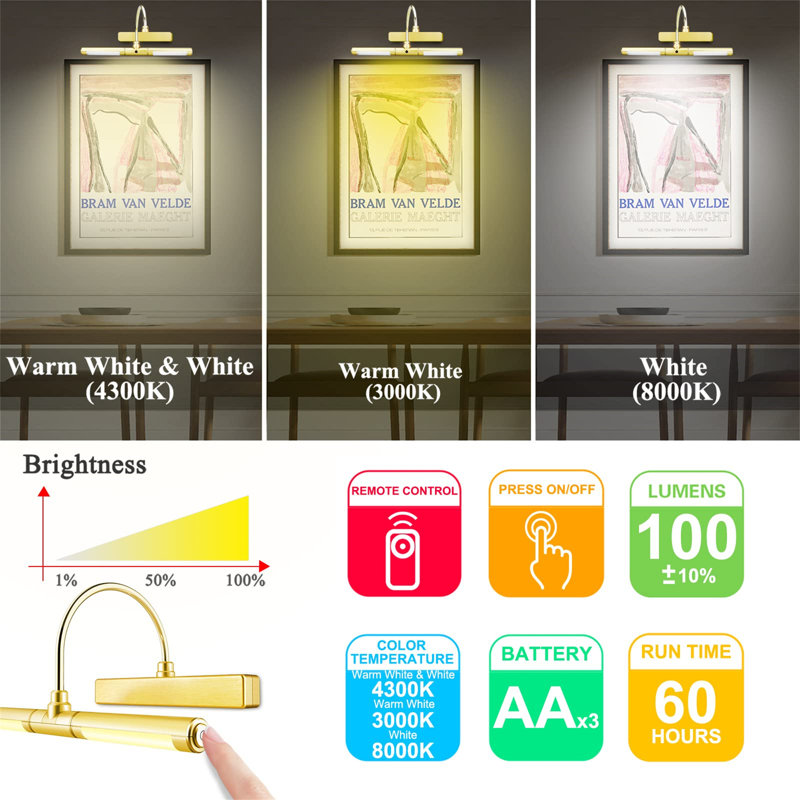 Battery Powered LED Wall Mount Picture Light, Gold, 3cm H x 33cm W x 15cm D