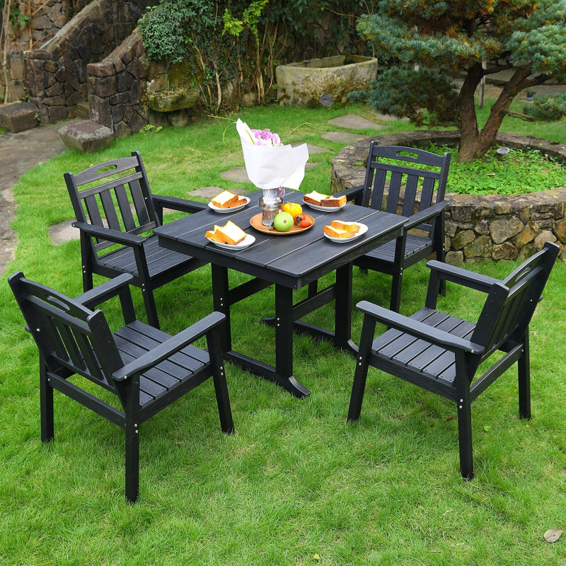 Hdpe Outdoor Patio Dining Set, 1 Table And 4 Chairs The Outdoor Dining Furniture Has Sunshade Holes And Is Suitable, Black