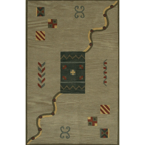 Tapis géométrique vert en laine touffeté à la main Erzin, Rectangle 7 pi 9 po x 10 pi 6 po