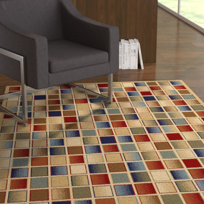 Tapis beige, bleu et brun à motif géométrique tissé à plat Savoy