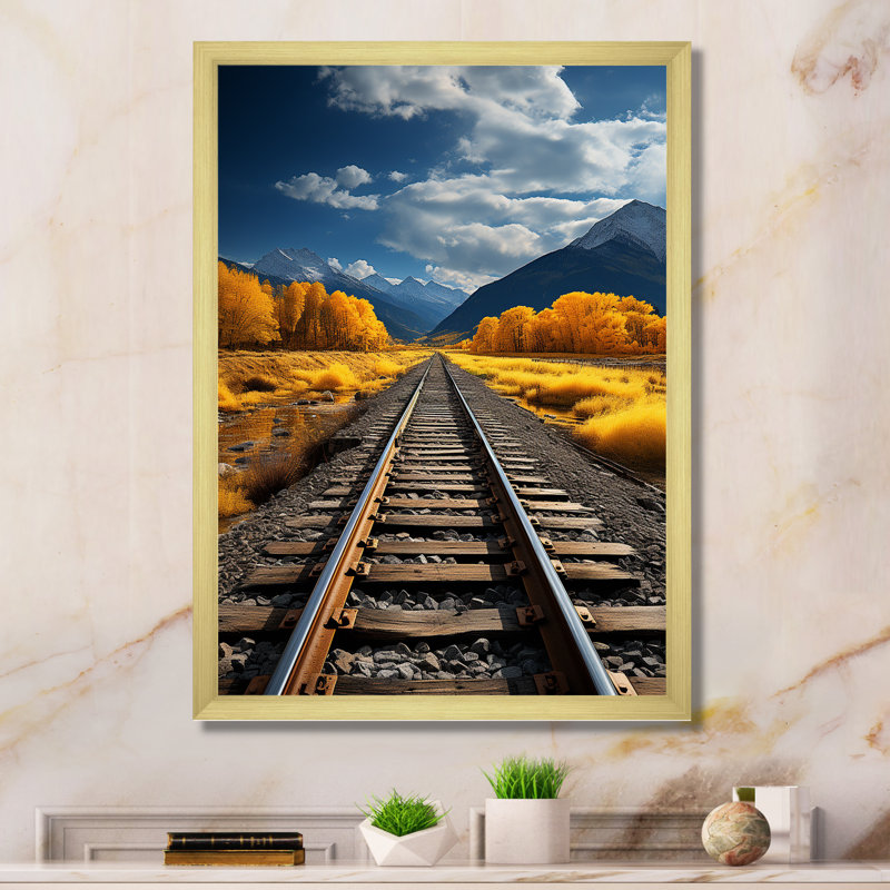 Rail Track Through Yellow Prairies - Modern Wall Decor, Encadrement doré, H 32 po x l 16 po x P 1 po