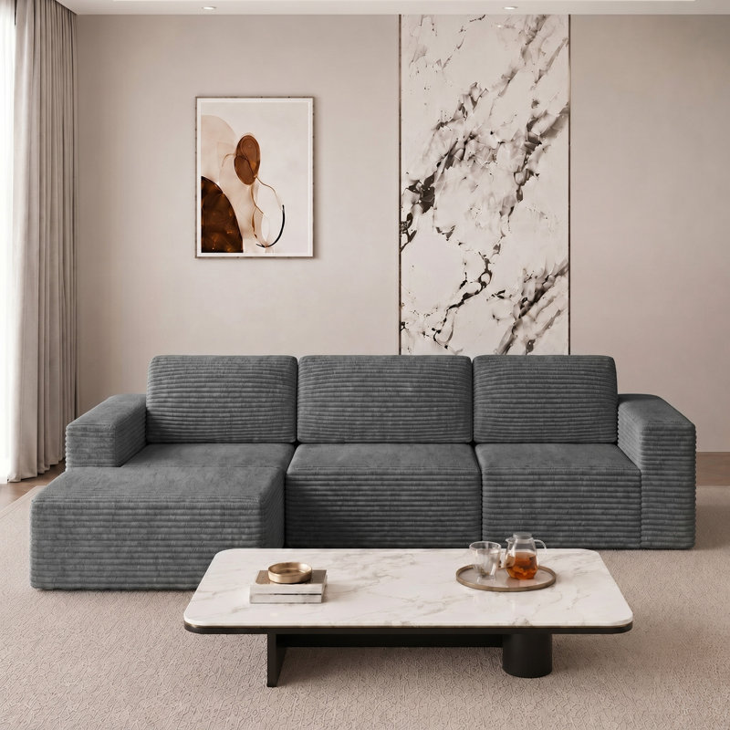 3 Seater Corduroy Sectional, Grey