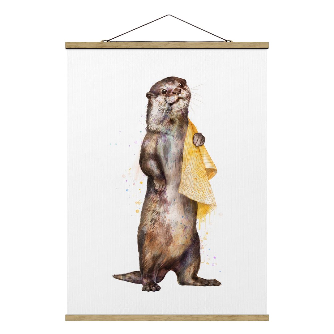 Stoffbild Mit Posterleisten - Laura Graves - Illustration Otter Mit Handtuch Malerei Weiß - Hochformat 4:3