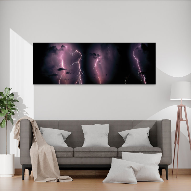Foudre, orage, temps, ciel, nuages, art dramatique abstrait contemporain, paysage mural, H 20 po x l 60 po
