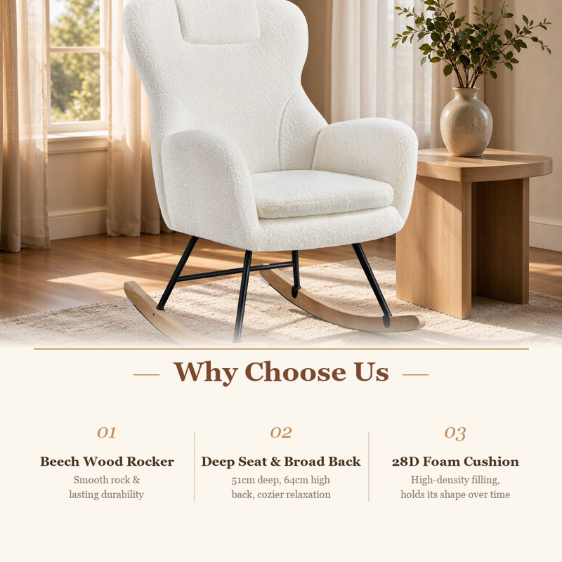 color  68cm Wide High Back Rocking Chair ,Boucle Upholstered Accent  Chair with Solid Beech Wood Legs , Ivory