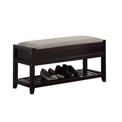 Seating Bench With Shoe Organizer - Gray Upholstered Cushion, Hidden Storage Space, Additional Shelf, Wood Made For Organization Seat, Compartment, Construction