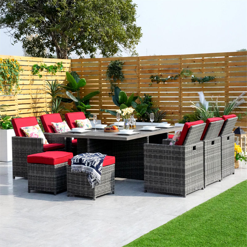 6 - Person Patio Dining Set Umbrella Hole Included Rectangular Table with Cushions Included, Red, Gray