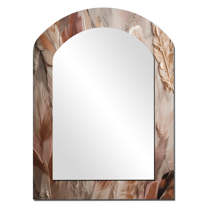 Gold Glamorous Feathers Of Boho Fantasy V - Glam Feather Asymmetrical Mirror, Gold Arch Decorative Wall Mirror, Printed Metal Art