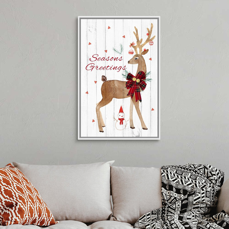 «Season's Greetings Deer», reproduction d'art textuel sur toile, H 50 po x l 34 po x P 1,75 po, Cadre blanc