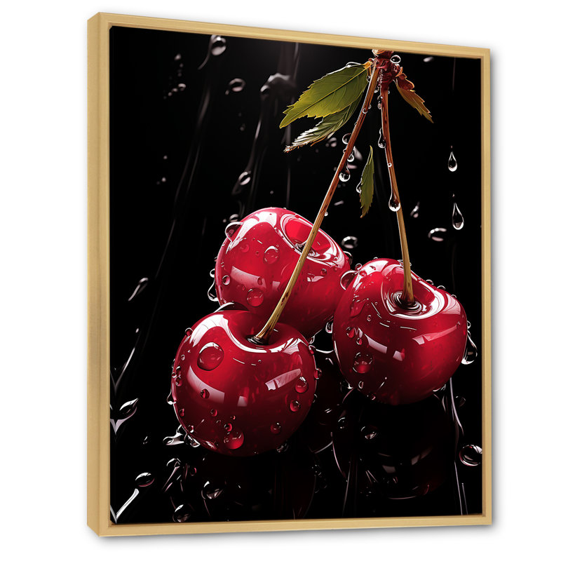 «Black and red Cherry Delight 1», art mural cerise, Cadre flottant brun, H 40 po x l 30 po x P 1,5 po