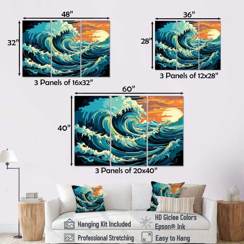 Vagues japonaises dans une tempête II - art mural tropical côtier, Toile tendue, H 32 po x l 48 po x P 1 po