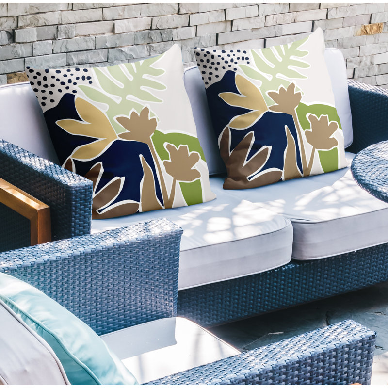 Jeté carré en polyester / mélange de polyester intérieur / extérieur, L 17 po x H 17 po, Chartreuse / bleu marine / beige