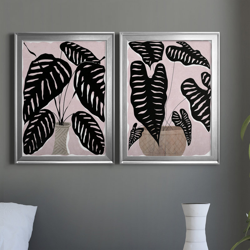 Plante en pot I - ensemble de 2 peintures sur toiles, Toile avec cadre argenté, H 18,5 po x l 49 po x P 1,5 po