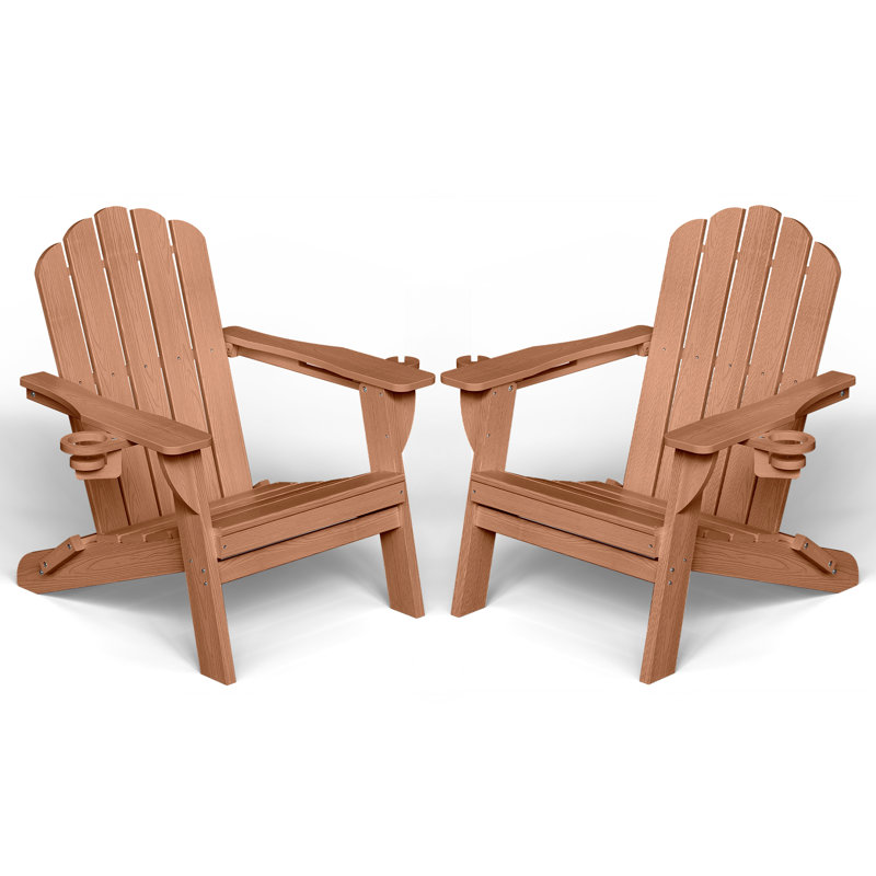 Oversize Foldable Adirondack Chair HDPE Weather-Resistant Firepit Chair With Cup Holder, Teak