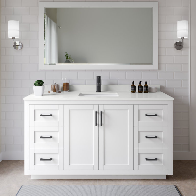 Meuble-lavabo simple autoportant de 66 po avec plateau en quartz Miranda, Quartz blanc, Blanc, Noir mat