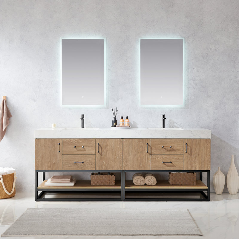 Alistair 84'' Double Bathroom Vanity with Engineered Stone Top, Matte Black, Natural Oak, White