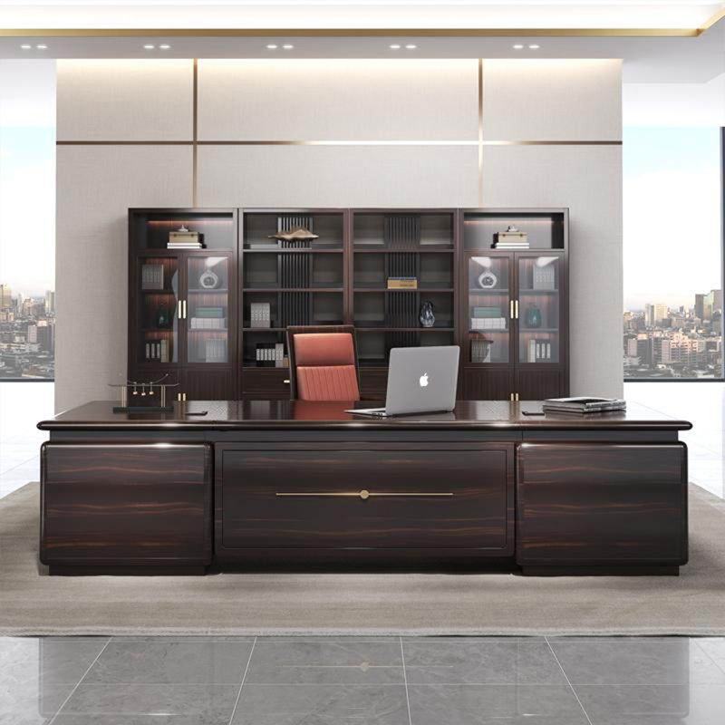 Bureau de direction en L en ébène brun massif de style chinois 110,24 ", H 29,92 po x l 110,24 po x P 80,31 po
