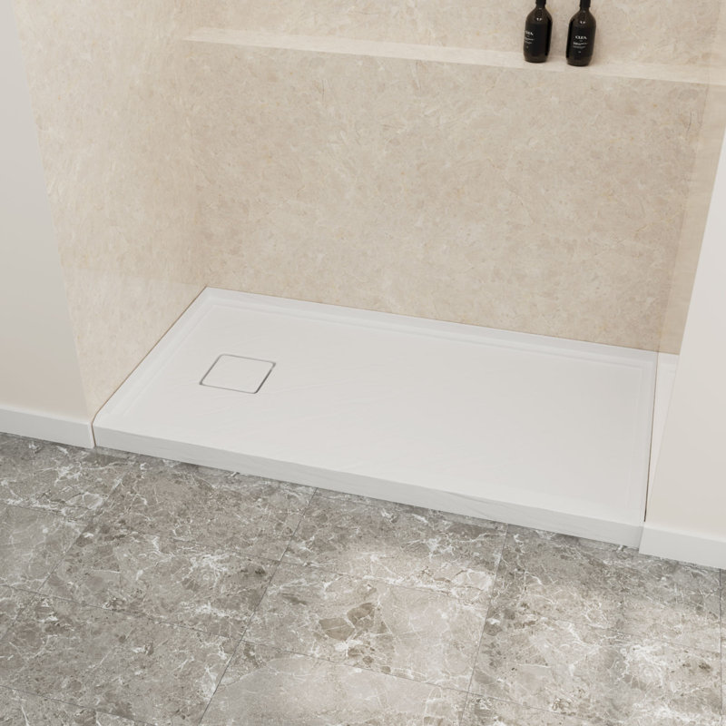 Receveur de douche 60 po x 32 po, résine et fibre de verre, bonde à droite, seuil unique, blanc veiné Jazz, Jazz veiné blanc