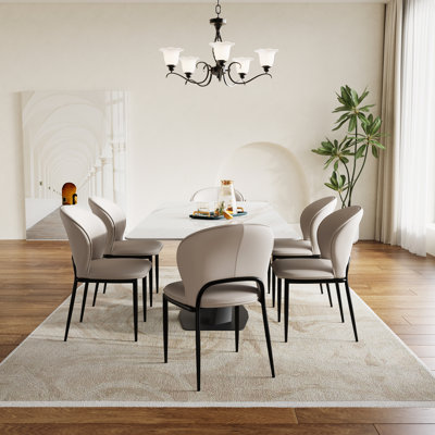 Modern 71" White Marble Dining Table Set With 6 Upholstered Chairs, Faux Leather Dining Chairs With Stainless Steel Legs, Rectangular Kitchen Table And Chair Set For Dining Room