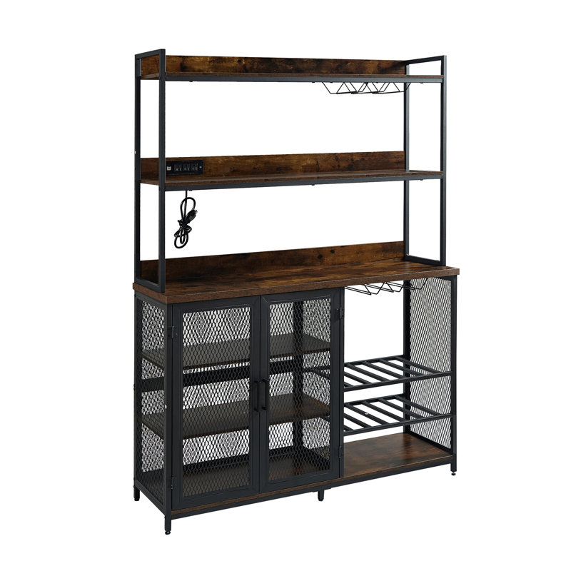 Industrial Black Metal and Wood Coffee Bar Cabinet with LED Strip