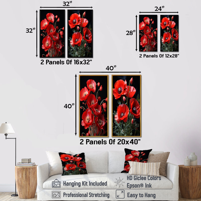 Cascading Reds Dynamic Poppy Scene I - Poppies Canvas Art Print Set Of 2, Wrapped Canvas, 28" H x 25" W