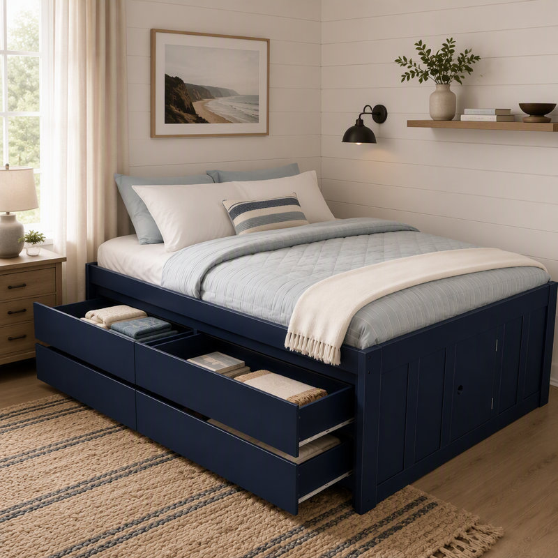 Solid Wood Standard Bed, Full, Navy Blue