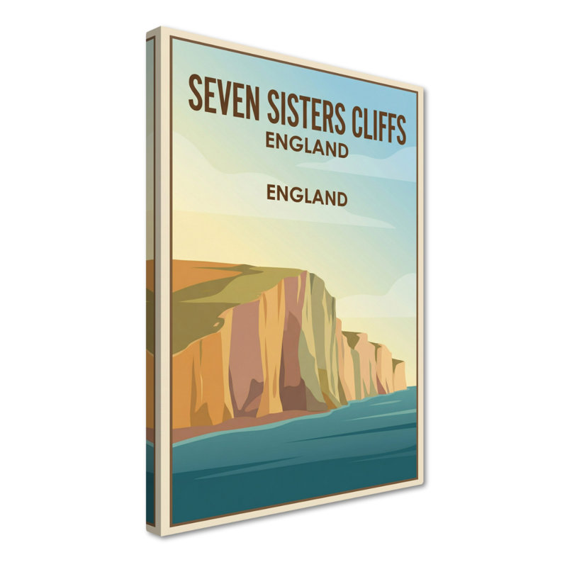 Seven Sisters Cliffs, England - Romantic Coastal Travel Poster Celebrating Chalk Cliffs and Sea. Giclee Print on Wrapped Canvas. Wall Art, Home Decor - Natural Landmarks, England 1 Piece Wrapped Canvas Wall Art