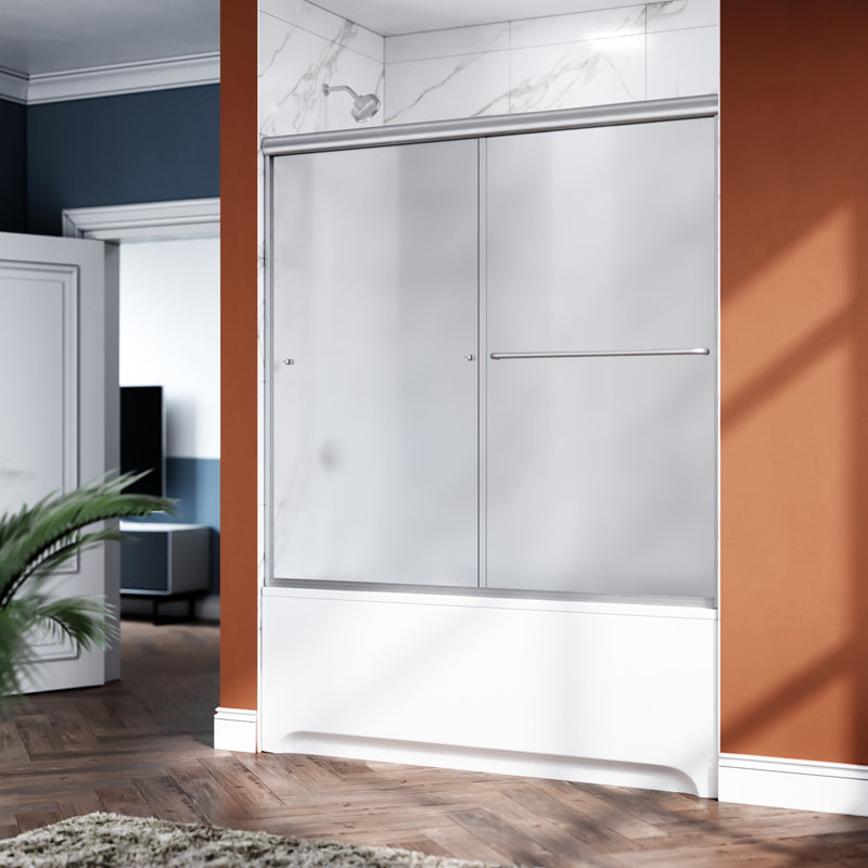 60Tub 60" X 57.5" Semi-Frameless Tub Door with Double Sliding Doors and 1/4" Tempered Glass, Brushed Nickel, Frosted