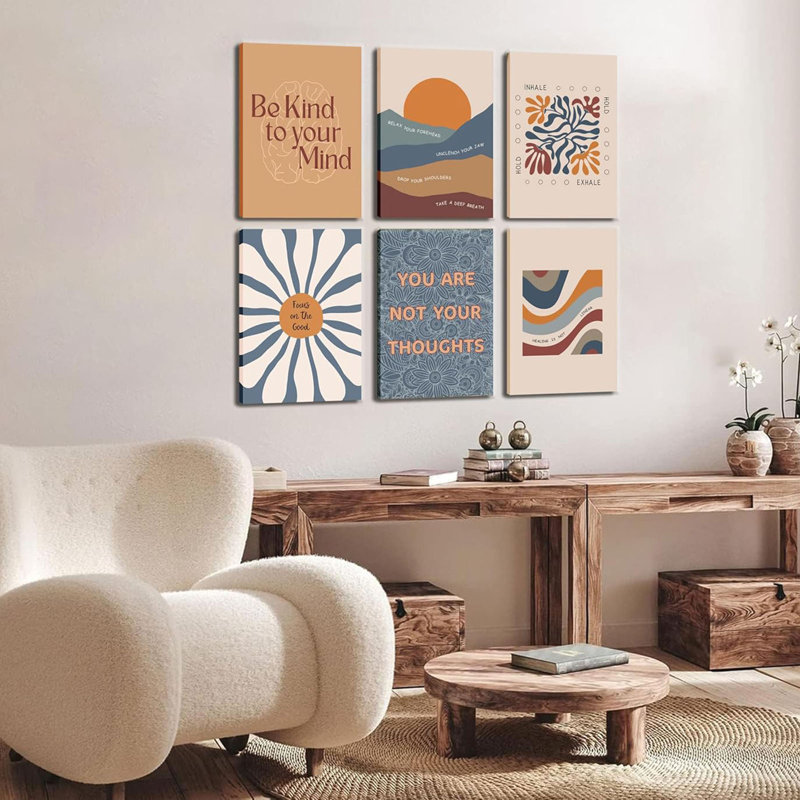 6Pcs Mental Health Wall Art Motivational Psychology Canvas Painting Therapy Office Pictures Wall Decor Boho Style Inspirational Positive Quotes Posters Prints For Home Counseling Office Framed