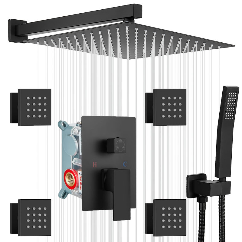 10 Inch Rain Shower Head System 4 Full Body Jets Set, Wall Mounted High Pressure Rainfall Shower Faucet Fixtures Combo With 2 In 1 Handheld Sprayer Hand Showerhead For Bathroom, Matte Black