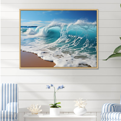 Turquoise Power Of Ocean Wave I - Coastal Framed Canvas Print Wall Art