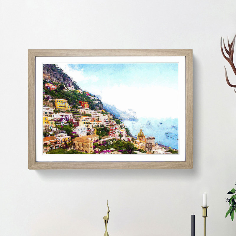 Positano on the Almalfi Coast in Italy - Picture Frame Painting Print, 27cm H x 36cm W x 2cm D, Oak Framed