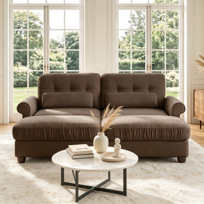 Canapé d'angle modulaire en chenille marron de 175 cm (69 po) en forme de U avec 2 poufs et coussins lombaires