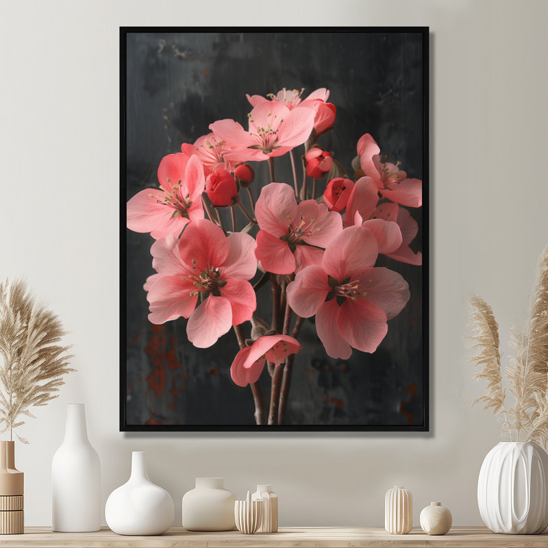 Rose et rose vibrant Bouquet de fleurs de pommier II, Cadre flottant noir, H 12 po x l 20 po