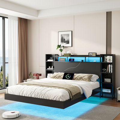 Full Size Floating Bed Frame with USB Charging Station, Storage Headboard and with Led Light, Heavy Duty Metal Platform Bed Frame, No Box Spring Needed, Black