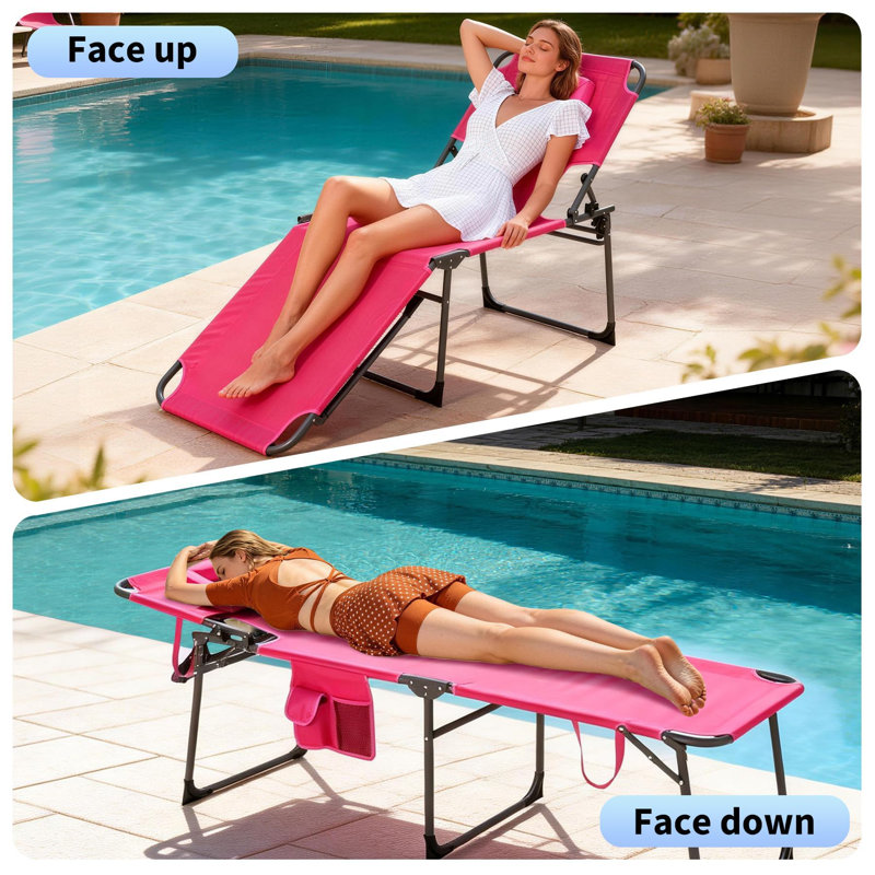 Comfortable Folding Patio Tanning Chair with Face Hole – 5-Position Adjustable Backrest, Pillow, Side Pocket, Portable Outdoor Chaise Lounge for Garden, Poolside, Beach, Backyard – Red