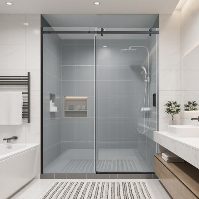 Portes de douche coulissantes simples sans cadre l 56 à 60 po x H 74 po, porte de douche coulissante pour salle de bain, porte en verre trempé épais de 5/16 po (8 mm), noir mat