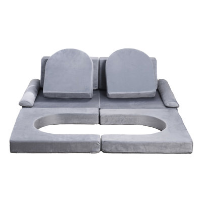 Modular 10 Pcs Grey - Soft Fleece, High Density 28D Foam Filling, Can Be Made Into Multiple Structures, Low Centre Base For Support, Safe Zippers Piece Play Couch In Rectangular Cushions, Concave