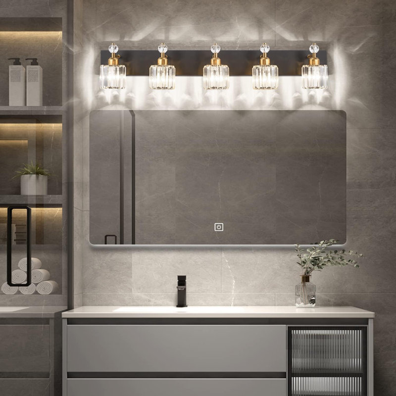 Luminaire de meuble-lavabo moderne en cristal pour salle de bain - Finition de miroir mural 5 lumières avec cristal K9 et conception imperméable
