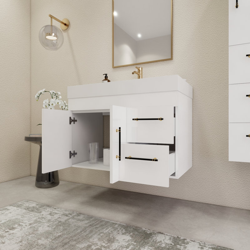 35.4" Wall-Mounted Single Bathroom Vanity Set, Glossy White