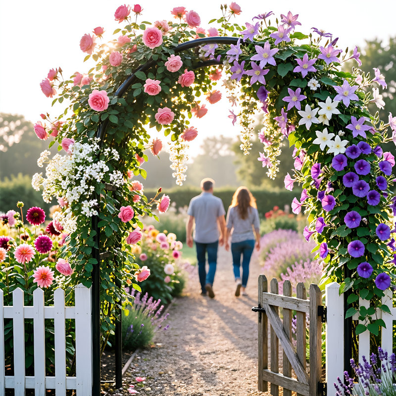 Treillis d'arche de jardin en acier épaissi - 2 tailles réglables (4,6 x 7,8 pi / 6,4 x 7,5 pi), tonnelle en métal antirouille pour plantes grimpantes, décoration de fond de fête de mariage