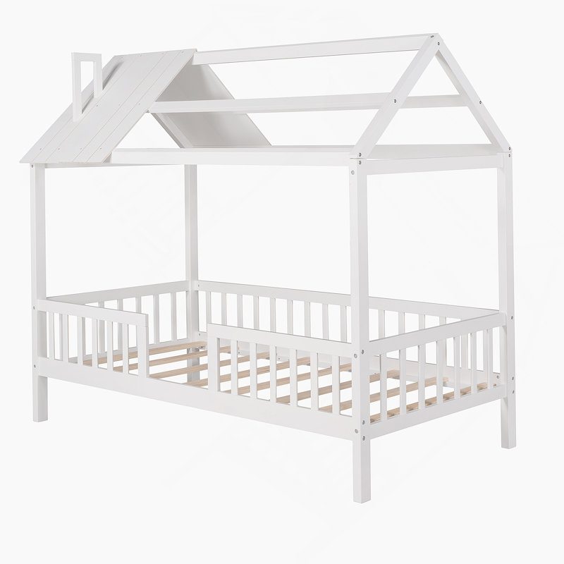 Lit en bois avec clôture Wood House, Blanc