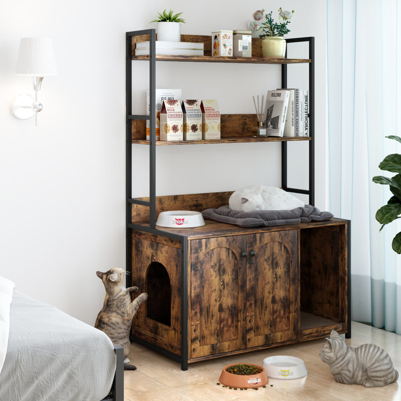 Large Cat Litter Box Enclosure with Shelf Storage, Hidden Washroom, Wooden House with Scratch Pad, Sturdy Indoor Burkey