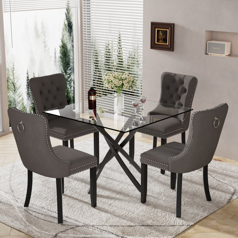 Ensemble de salle à manger à piédestal carré avec chaise capitonnée, 5, Gris