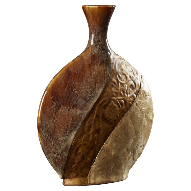 Brown and Cream Ceramic Capiz Shell Traditional Novelty Vase