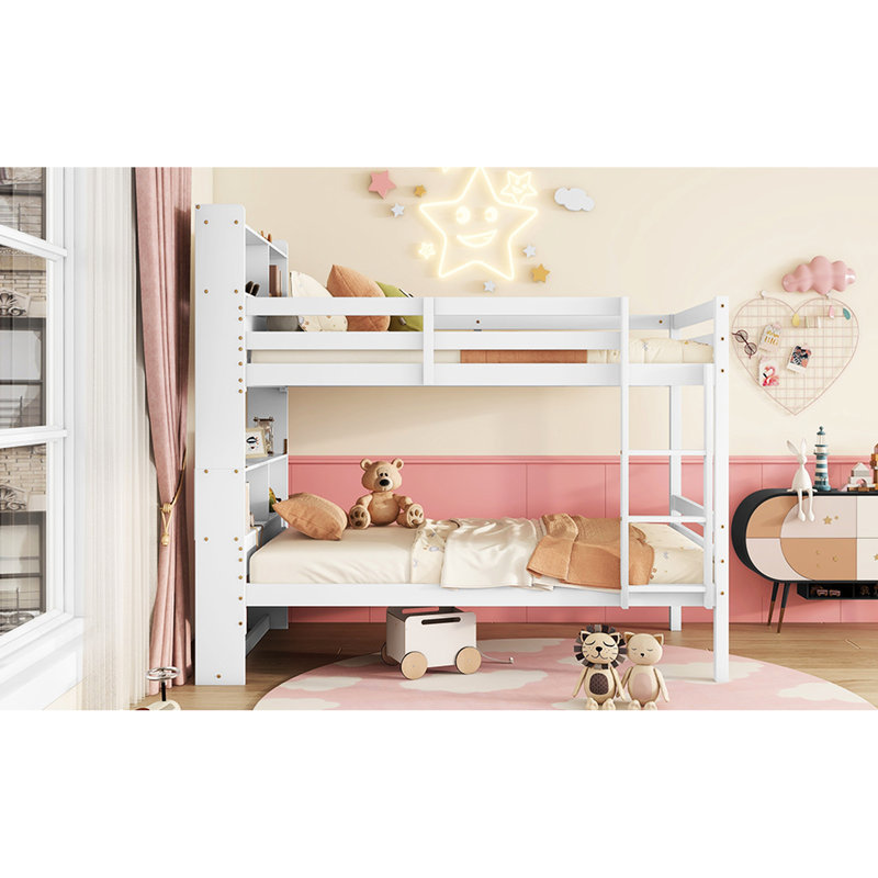 Lit simple superposé au-dessus blanc avec tablettes, bois d'hévéa, lit en bois détachable à 2 lits, blanc, tête et mesures de bibliothèque, convertible 2