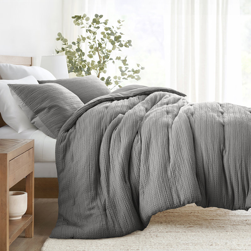 Ensemble d'édredon texturé 3 pièces Waffle, Gris, Édredon pour lit simple + 1 taie décorative stan