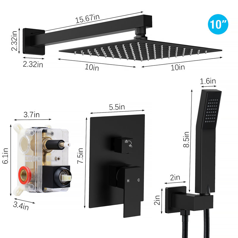 Système de douche complet avec valve brute, Noir mat