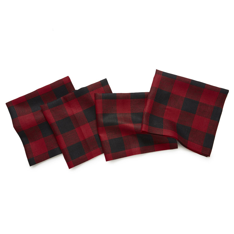 Buffalo Check - 100% Pure Linen Dinner Napkins, Red/Black