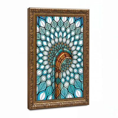 Teal and Gold Stained Glass Arch Pattern Canvas Wall Art
